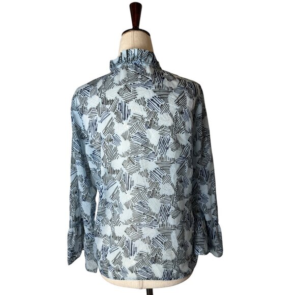 Waverly Grey Shirt Women Small Blue Abstract Chiffon Button Front Tie Waist Top - Picture 2 of 9